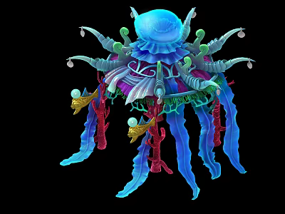 Vibrant Jellyfish Inspired Art Installation With Blue Purple Green Tentacles And Red Yellow Accents 3d model