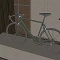 Green Bicycle Placed on Light Colored Platform with Curtain Plant and Decor