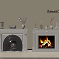 White Classic Ornate Fireplace With Decorative Items Vases Candle Holders And Burning Fire