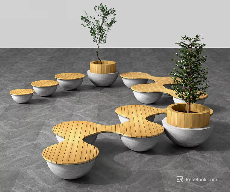 Modern Outdoor Landscape Seats With Wooden Tops And Concrete Bases And Plants 3d model 