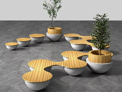Modern Outdoor Landscape Seats With Wooden Tops And Concrete Bases And Plants 3d model