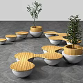 Modern Outdoor Landscape Seats With Wooden Tops And Concrete Bases And Plants