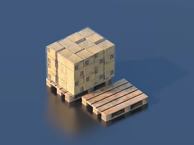 Stacked Wooden Boxes And Pallets For Daily Household Supplies Storage 3d model
