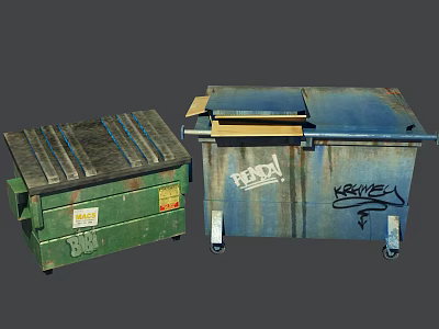Public Facility Trash Bins With Graffiti And Labels In Urban Area 3d model