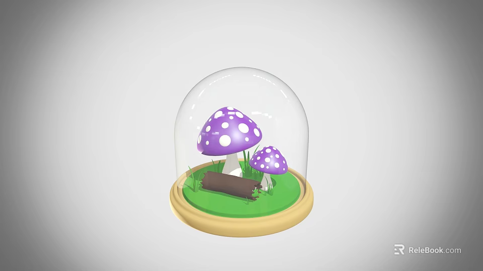 Decorative Ornament Set With Glass Dome Purple Polka Dot Mushrooms Green Grass And Wooden Log 3d model 