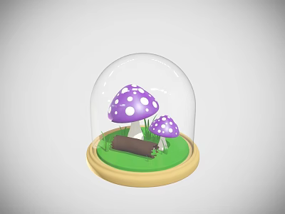 Decorative Ornament Set With Glass Dome Purple Polka Dot Mushrooms Green Grass And Wooden Log 3d model