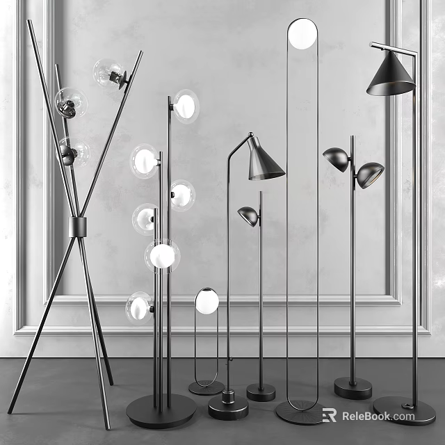 Modern Stylish Floor Lamps With Diverse Designs In Interior Display Space 3d model
