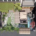 Traditional Modern Courtyard Garden With Greenery Covered Pergola Wooden Deck And Seating Set