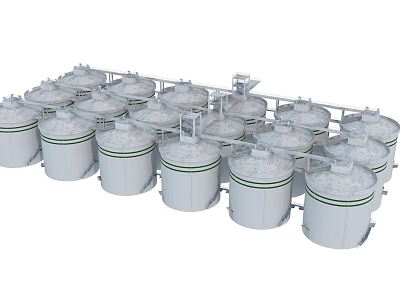 White Cylindrical Storage Tanks Arranged In Rows With Lids And Pipes 3d model