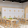 Kindergarten Classroom Interior With Round Lights Wooden Tables Shelves Digital Clock And Colorful Decor