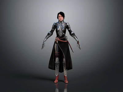 Game And Movie Character In Black Armor With Long Coat Red Boots And Metallic Details 3d model