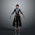 Game And Movie Character In Black Armor With Long Coat Red Boots And Metallic Details