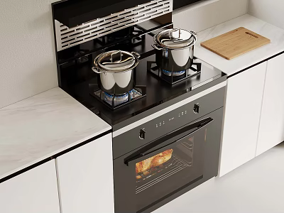 Modern Kitchen With Gas Stove Two Covered Pots Oven Roasted Food Chopping Board And White Cabinets 3d model
