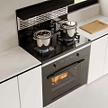 Modern Kitchen With Gas Stove Two Covered Pots Oven Roasted Food Chopping Board And White Cabinets
