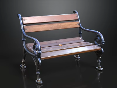 Classic Wooden Bench With Black Metal Armrests And Ornate Legs Design 3d model