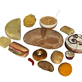 Variety of Fresh Foods Featuring Bread Cake Sandwich Fruits Grains and Cheese