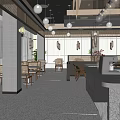 Modern Cafe Interior With Hanging Pendant Lights Wooden Tables And Marble Counter