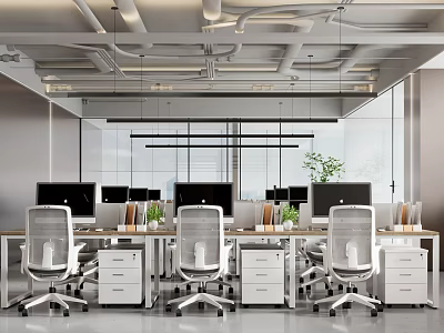 Modern Public Office Interior With Open Layout Desks Monitors Office Chairs And Potted Plants 3d model