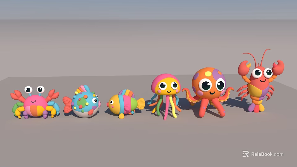 Cute Colorful Aquatic Animal Toys Including Fish Octopus Jellyfish And Lobster 3d model 