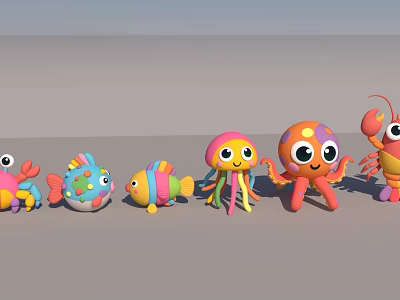 Cute Colorful Aquatic Animal Toys Including Fish Octopus Jellyfish And Lobster 3d model