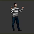 Man In Striped Sweater And Blue Jeans Gesturing Against Gray Background