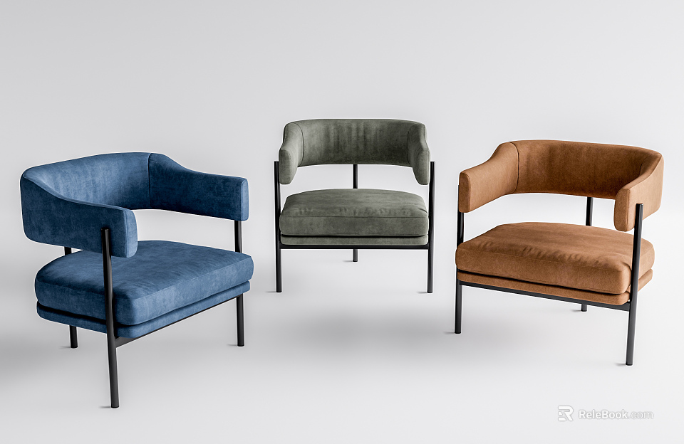 Modern Minimalist Single Sofa With Blue Green Brown Velvet Fabric And Black Metal Legs 3d model 