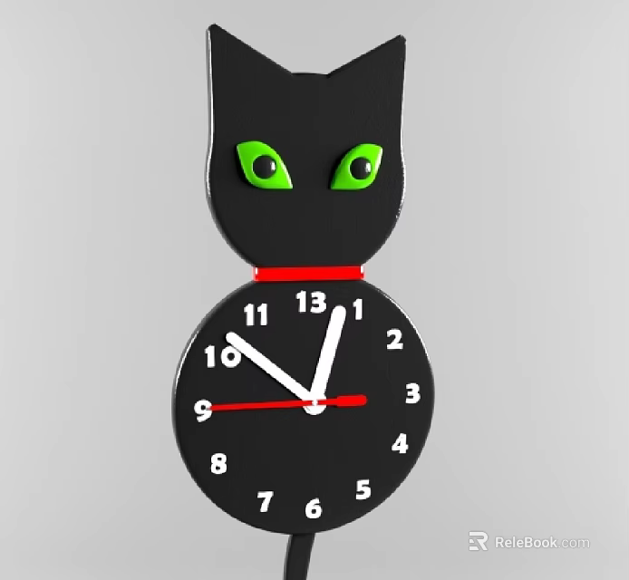 Black Cat Shaped Wall Clock with Green Eyes Black Dial and White Numbers 3d model 