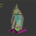 Ornate Sculpture With Square Base Blue Water Green Vines And Colorful Top Decor