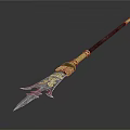 Ornate Spear With Blue Patterned Spearhead Golden Accents And Black Wooden Shaft