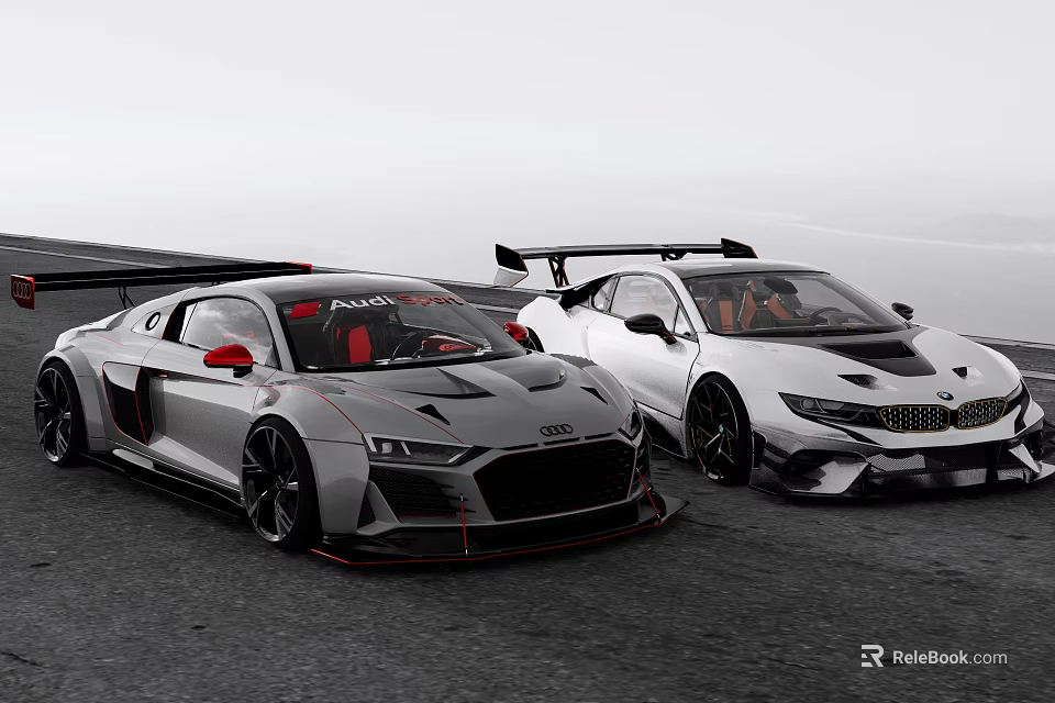 Silver Audi and White BMW Sports Cars with Aggressive Design Rear Spoilers Red Seats 3d model 
