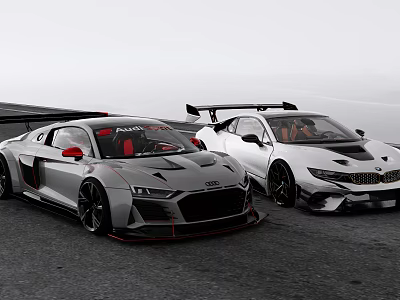 Silver Audi and White BMW Sports Cars with Aggressive Design Rear Spoilers Red Seats 3d model