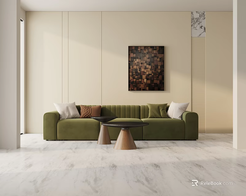 Green Three Seater Sofa With Cushions Tables Abstract Painting And Marble Floor In Modern Interior 3d model 