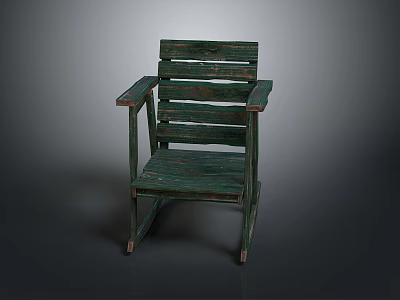 Rustic Green Wooden Armchair with Slatted Back and Solid Wood Legs 3d model