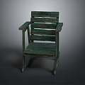 Rustic Green Wooden Armchair with Slatted Back and Solid Wood Legs 3d model