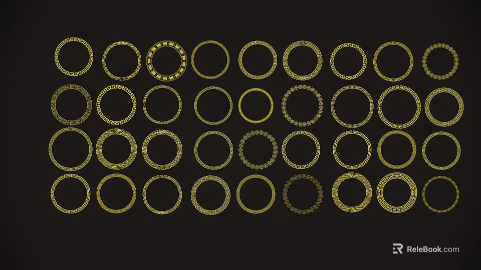 Golden Circular Pendants With Various Patterns Arranged On Black Background 3d model 