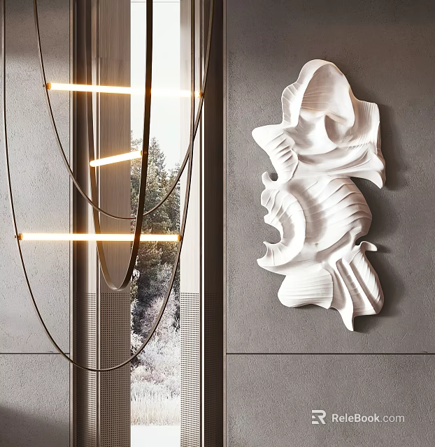 Modern White 3D Abstract Leaf Wall Decor On Gray Interior Wall 3d model 