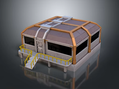Cartoon Scene With Playful Building Structure Yellow Railings Stairs Brown Roof And Gray Walls 3d model