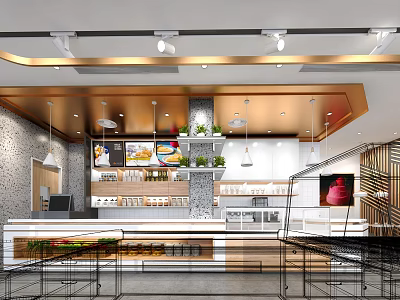 Modern Dessert Shop Interior With Counter Display Shelves Green Plants And Warm Lighting 3d model