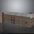 Red Brick Industrial Factory Building With Multiple Windows And Blue Roof Structure