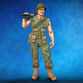 Realistic Military Character In Green Uniform With Tactical Vest Holding Rifle Against Blue Background