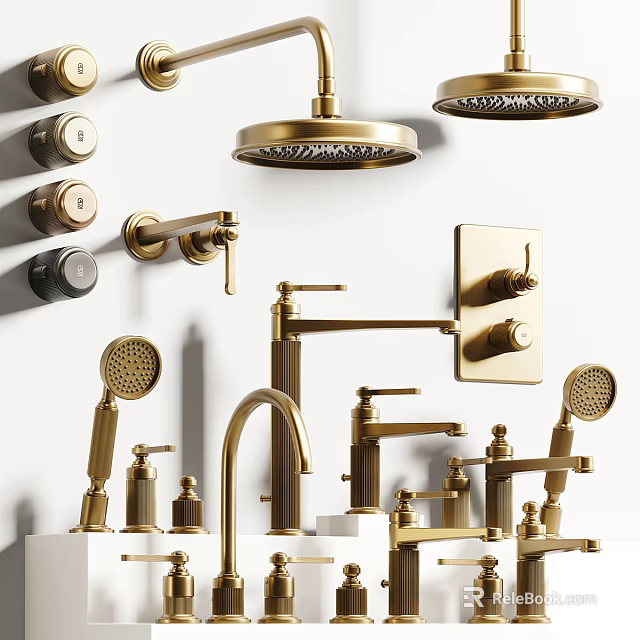 Brass Bathroom Accessories Collection Including Faucets Showerheads Knobs And Soap Dispensers 3d model 