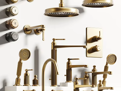 Brass Bathroom Accessories Collection Including Faucets Showerheads Knobs And Soap Dispensers 3d model