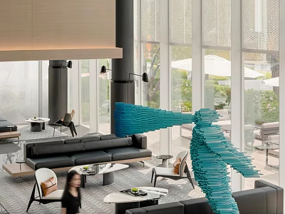 Modern Sales Office Interior With Black Sofa Blue Sculpture Outdoor View Glass Windows And Chairs 3d model