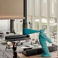 Modern Sales Office Interior With Black Sofa Blue Sculpture Outdoor View Glass Windows And Chairs