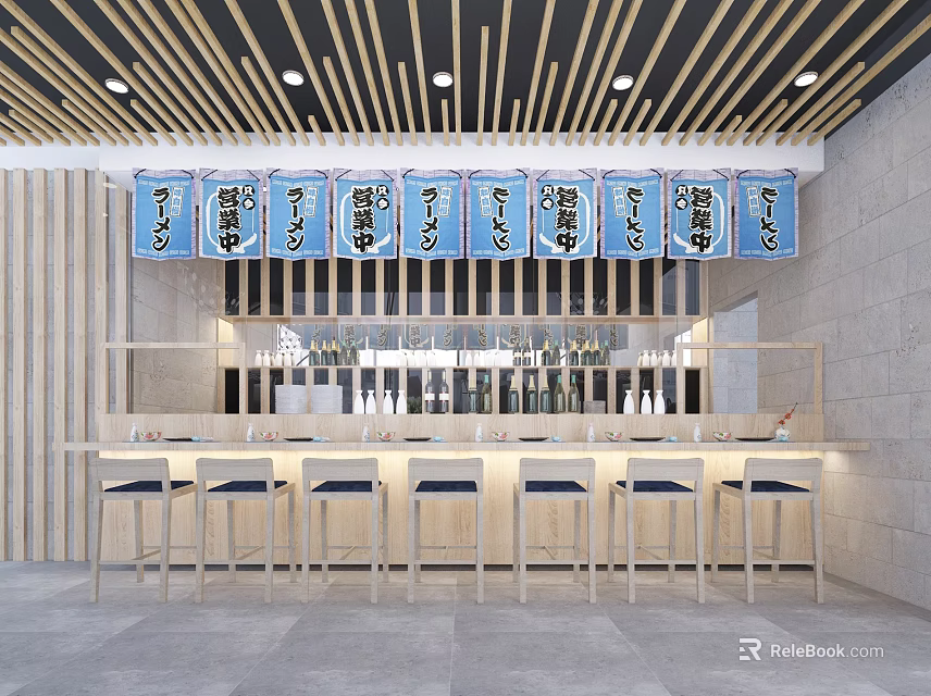 Traditional Japanese Restaurant With Blue Curtains Wooden Ceiling Stone Walls Bar Counter And High Stools 3d model 