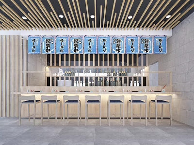 Traditional Japanese Restaurant With Blue Curtains Wooden Ceiling Stone Walls Bar Counter And High Stools 3d model