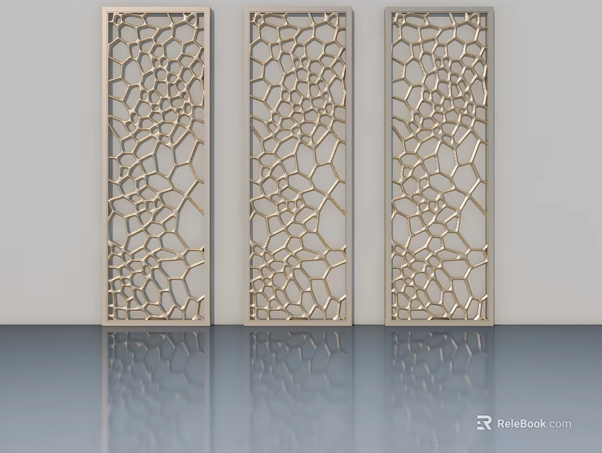 Three Golden Hinged Doors With Intricate Hollow Patterns And Reflective Floor 3d model 