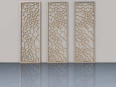 Three Golden Hinged Doors With Intricate Hollow Patterns And Reflective Floor 3d model