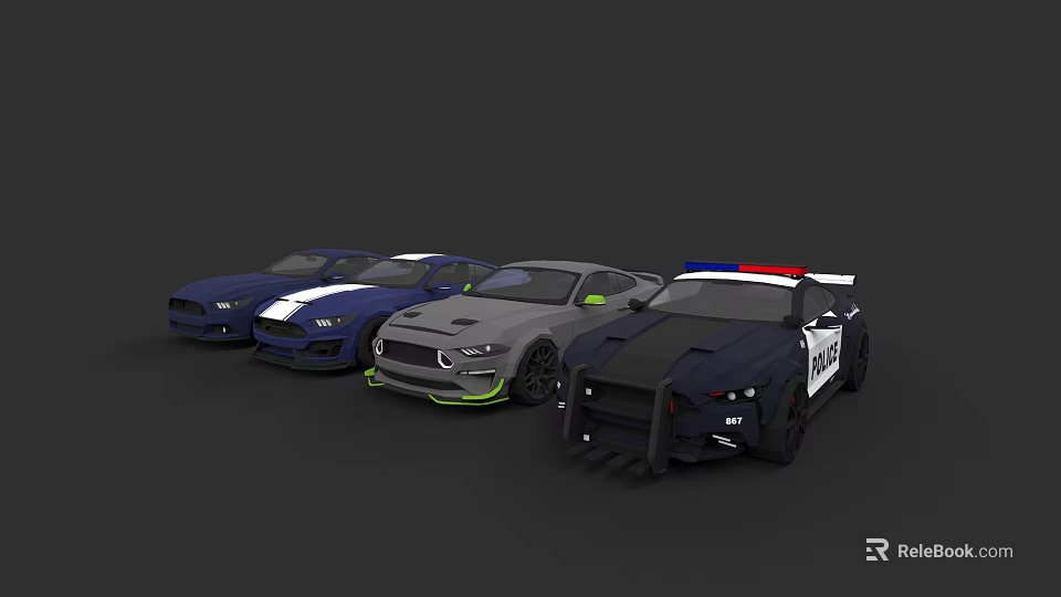 Blue Gray and Black Sports Cars Including Police Vehicle With Stripes and Lights 3d model 