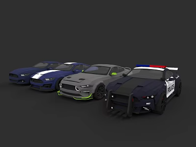 Blue Gray and Black Sports Cars Including Police Vehicle With Stripes and Lights 3d model